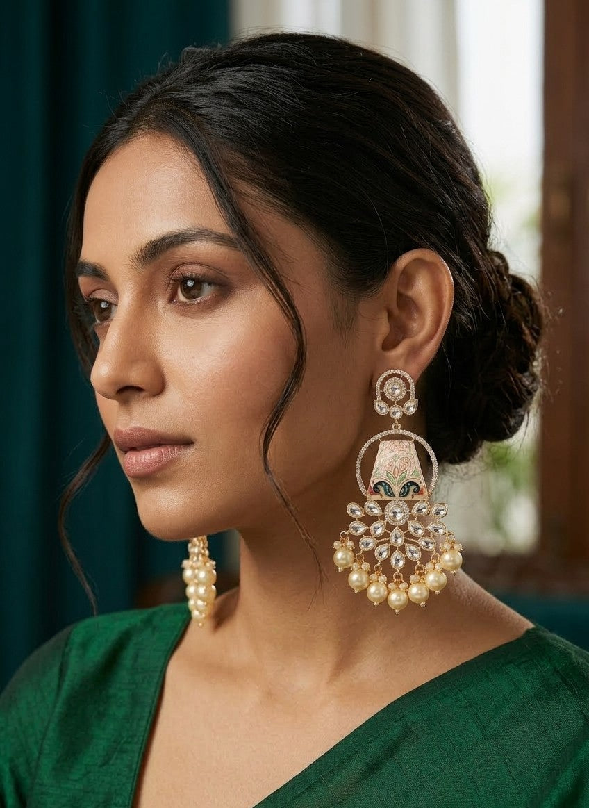 Jalparee Eternal Blossom Meenakari Kundan & Pearl Traditional Chandelier Earrings