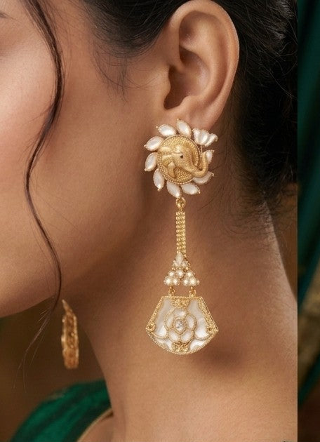 Ganesha Gold-Plated Kunda & Pearl Traditional Chandelier Earrings by Jalparee