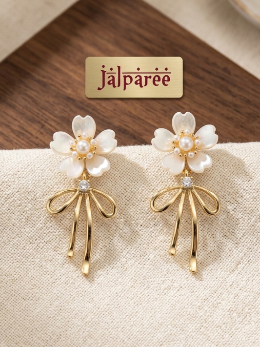 Jalparee Mother of Pearl Floral Bow Drop Earrings – Elegant Western Blossom Dangles