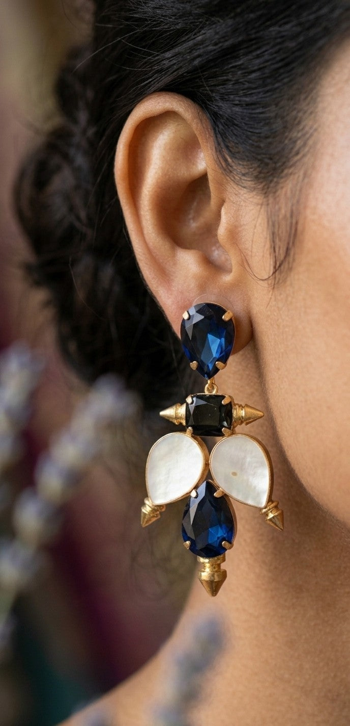 Aurelia Blossom: Royal Blue Crystal & Mother of Pearl Gold Spike Earrings by Jalparee