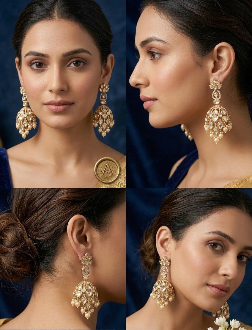 Zoya Royal Kundan & Pearl Jhumka Earrings with Floral Studs