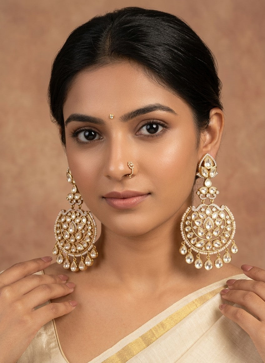 Jalparee Kundan and Pearl Chandelier Earrings in Gold