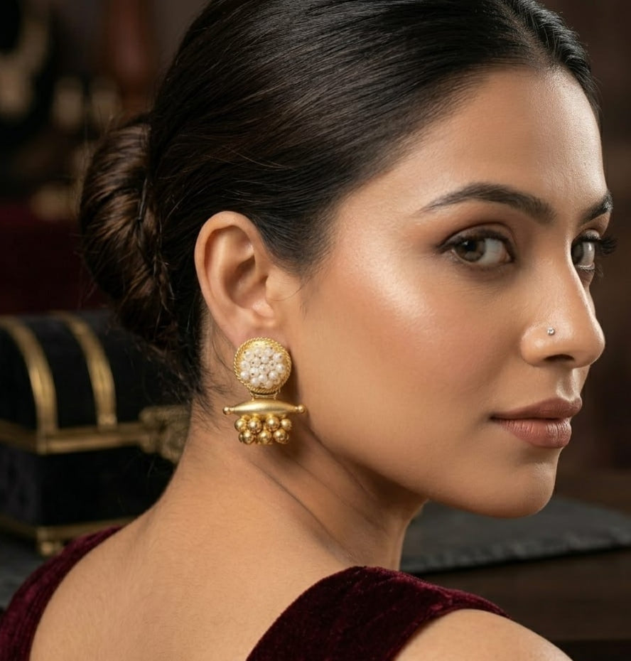 Golden Pearl Infusion Indo-Western Statement Earrings