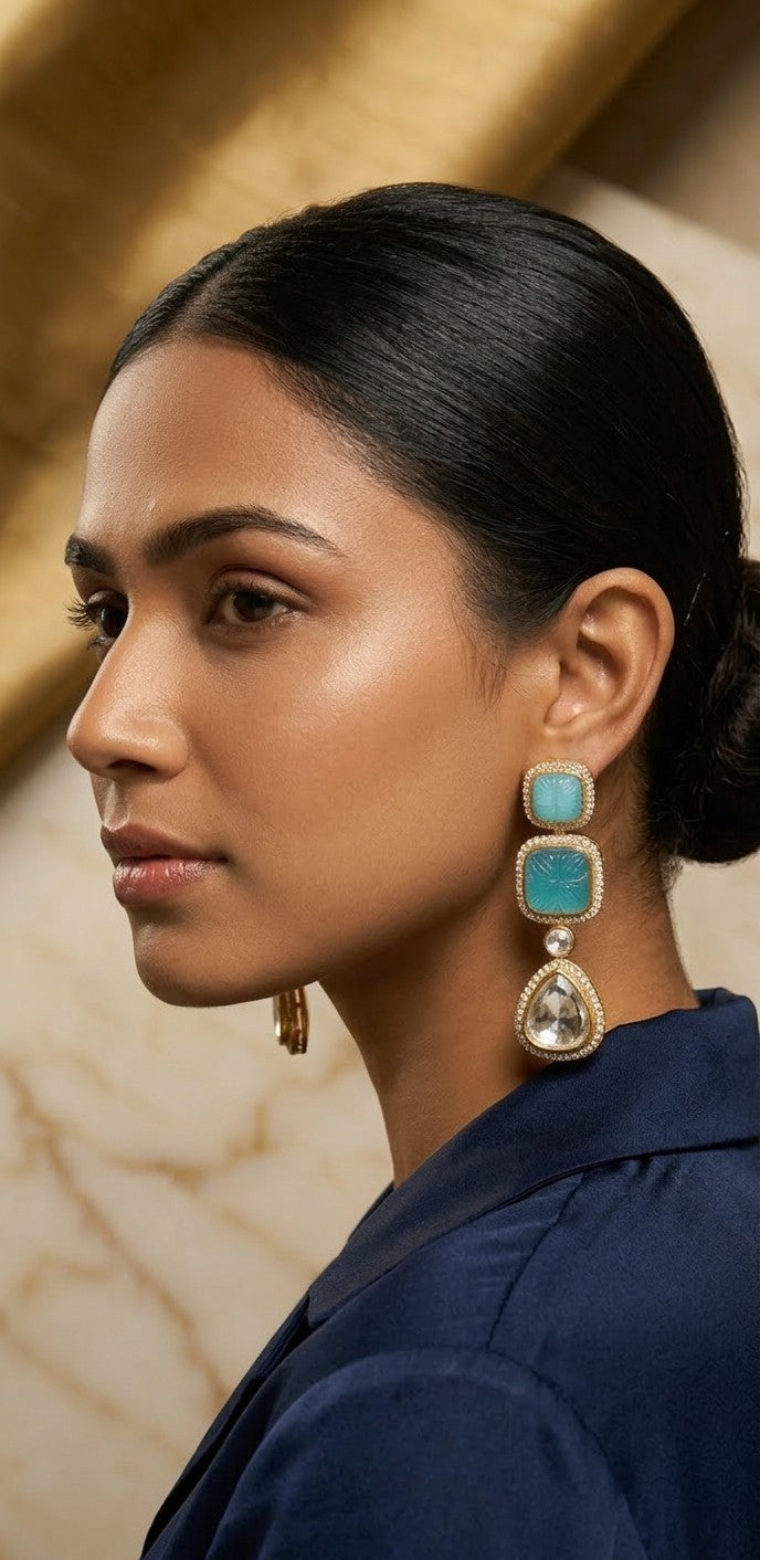 Jalparee Hand-Carved Turquoise & Kundan Teardrop Drop Earrings