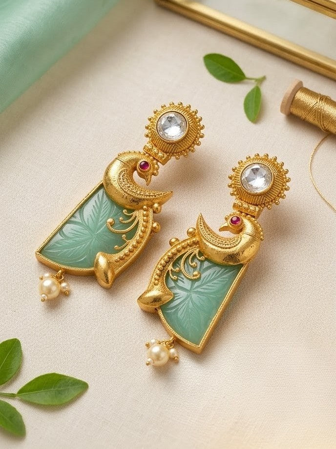 Jalparee Majestic Peacock Heritage Kundan & Carved Jadeite Drop Earrings