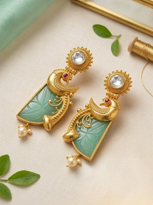 Jalparee Majestic Peacock Heritage Kundan & Carved Jadeite Drop Earrings