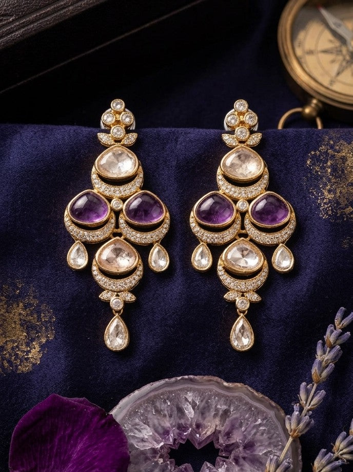 Jalparee "Royal Gem" Amethyst & Kundan Traditional Chandelier Statement Earrings