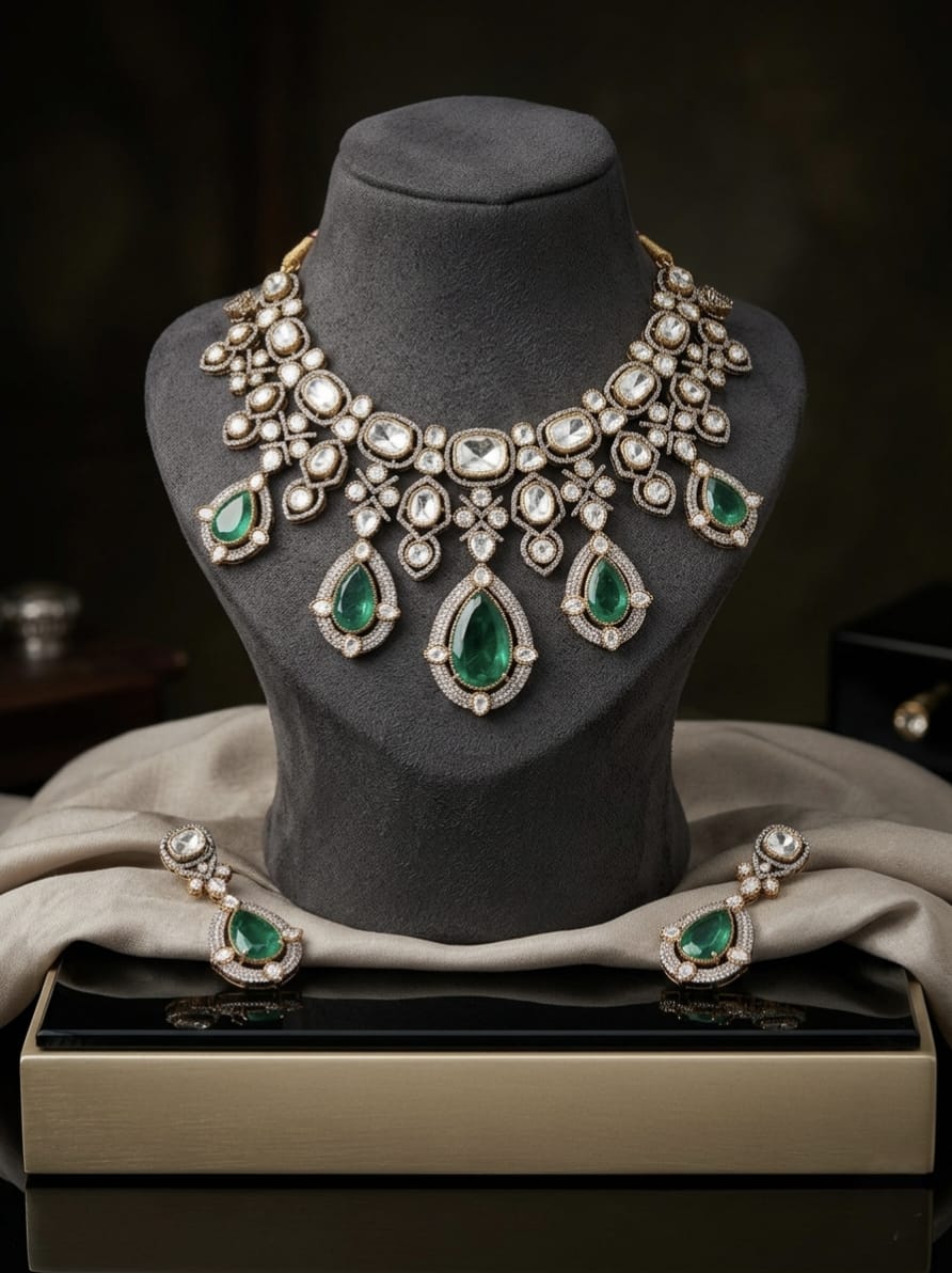 Exquisite Victorian-Inspired Emerald & Polki Diamond Statement Necklace Set