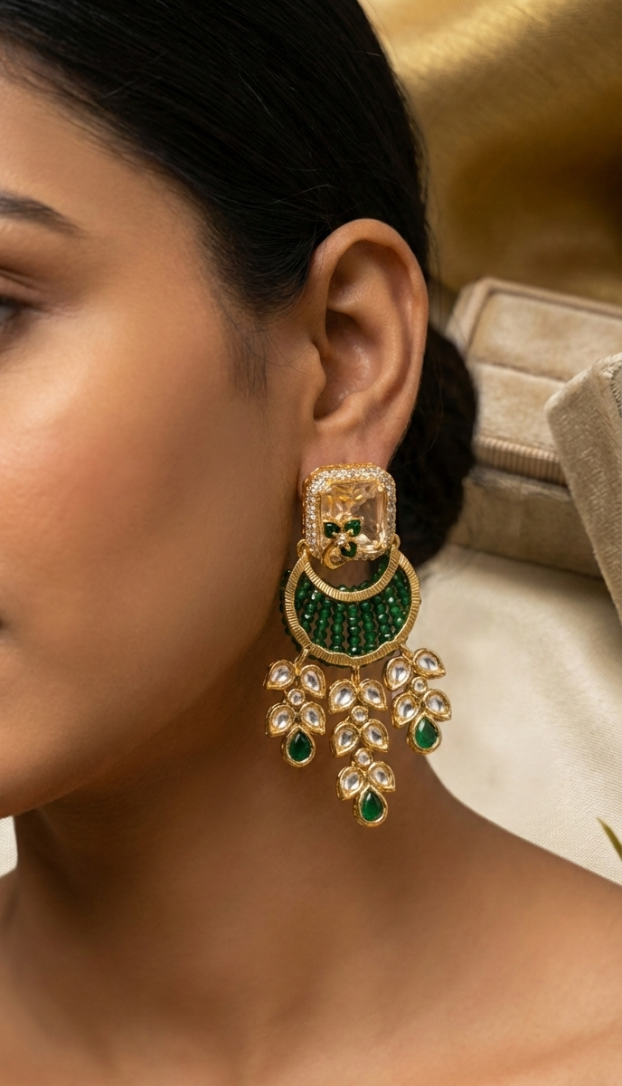 Jalparee Royal Emerald & Kundan Crescent Drop Earrings