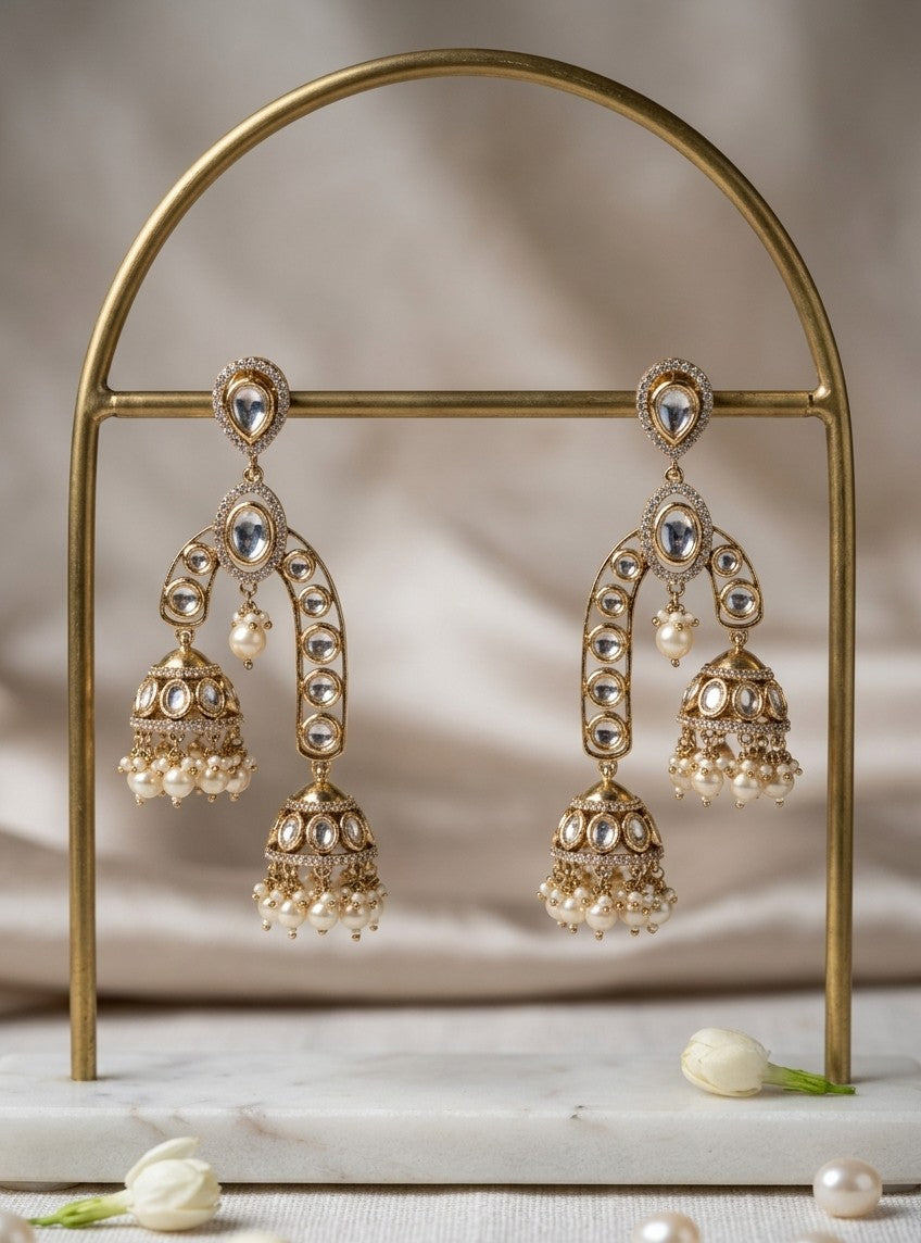 Jalparee Kundan and Pearl Double Tier Jhumka Earrings with Gold Plating