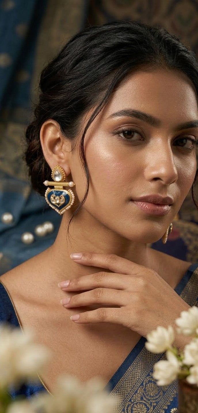 Jalparee Heritage Collection: Meenakari Blue Enamel and Kundan Heart Drop Earrings