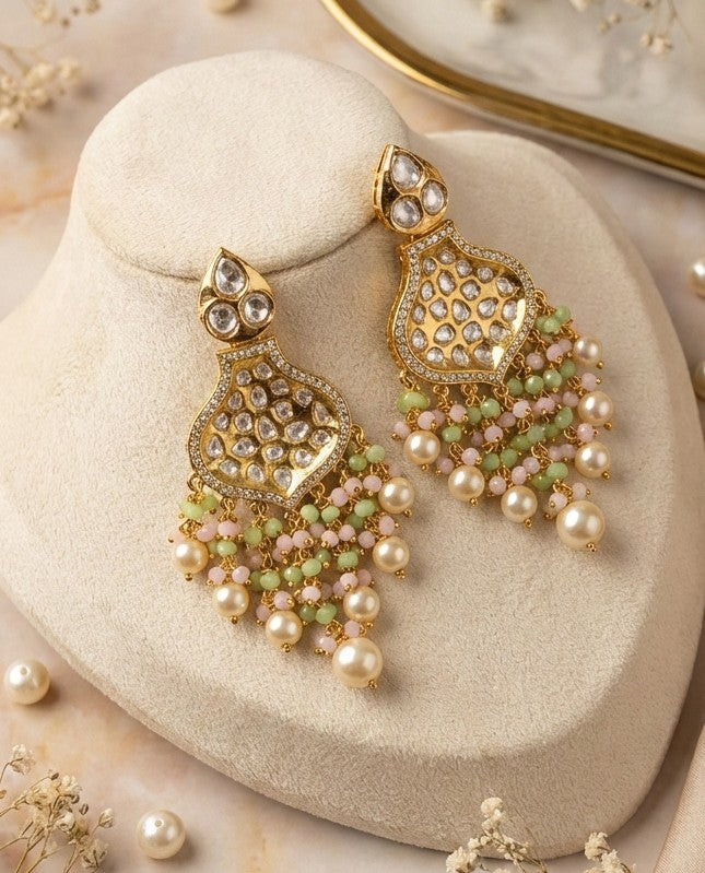 Jalparee Gold Plated Jhumka Earrings with Polki, Pearls, and Pink & Green Beads