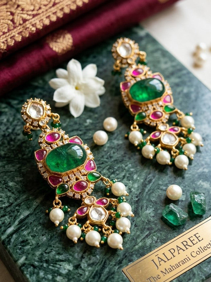Jalparee 'Emerald & Ruby Regal Kundan-Style Chandelier Earrings with Cascading Pearls'