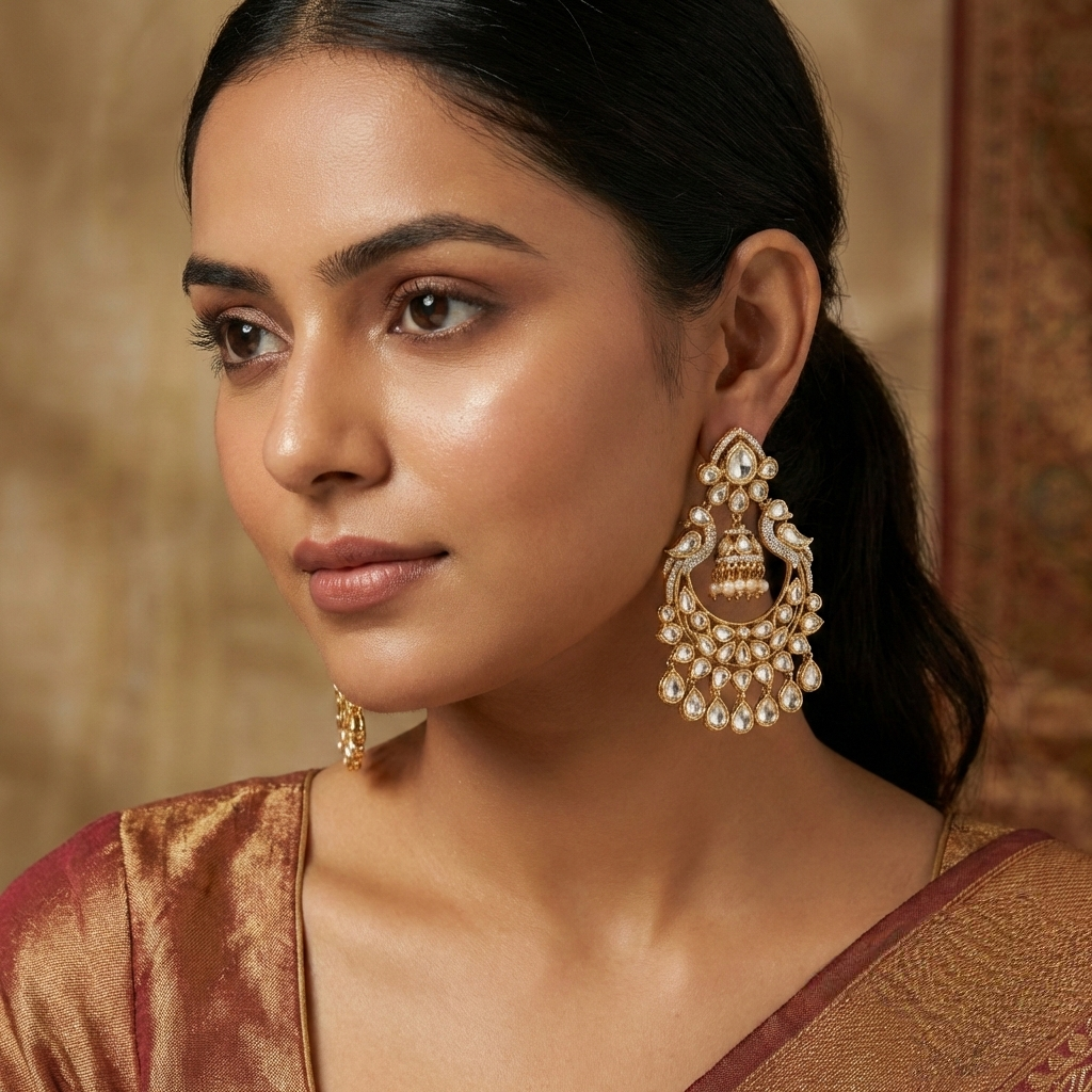 Jalparee Gold-Toned Kundan & Pearl Statement Chandbali Earrings with Central Jhumka