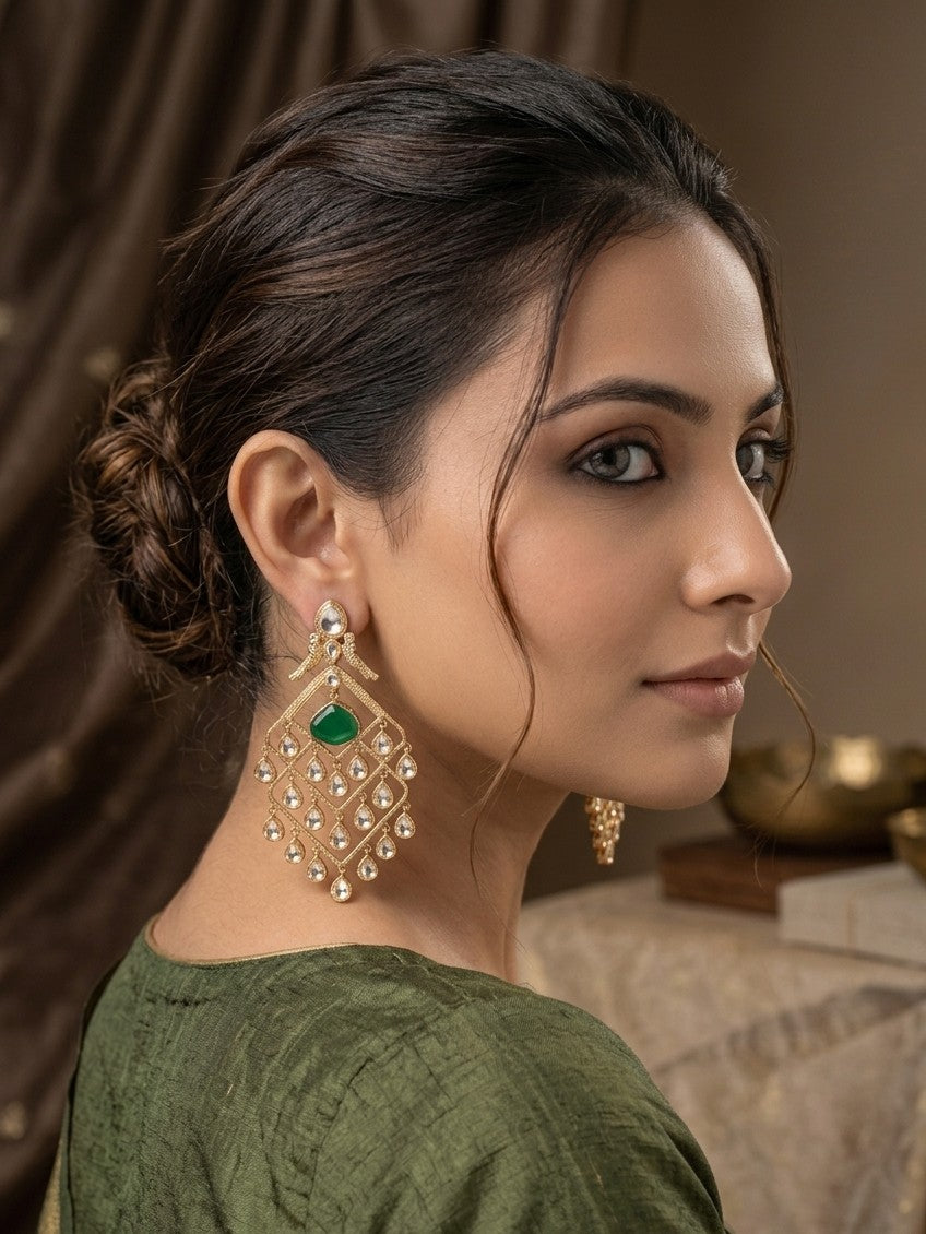 Jalpärēē Traditional Kundan & Emerald-Drop Chandelier Earrings