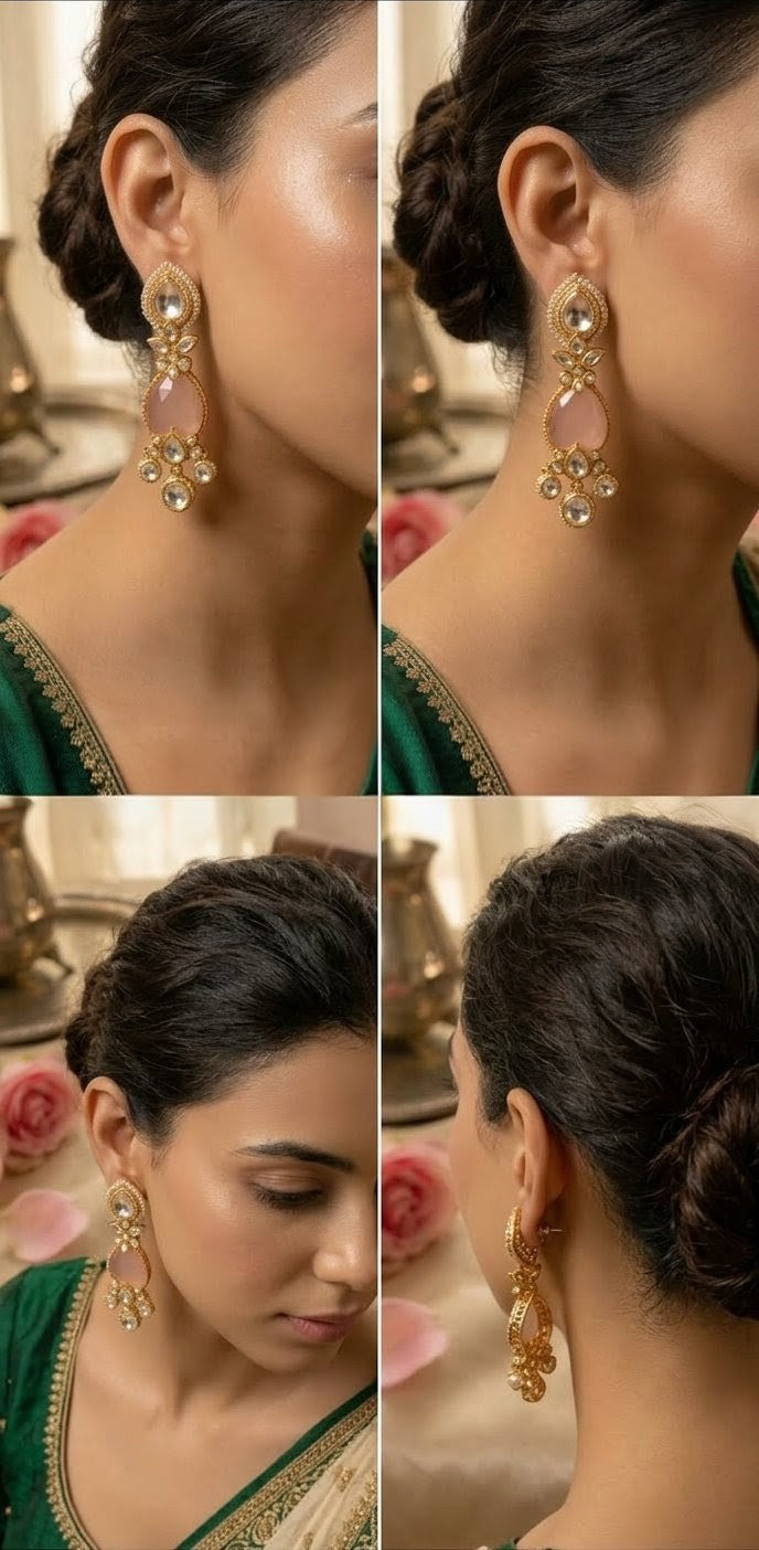 Jalparee Handcrafted Kundan & Rose-Hued Teardrop Traditional Drop Earrings