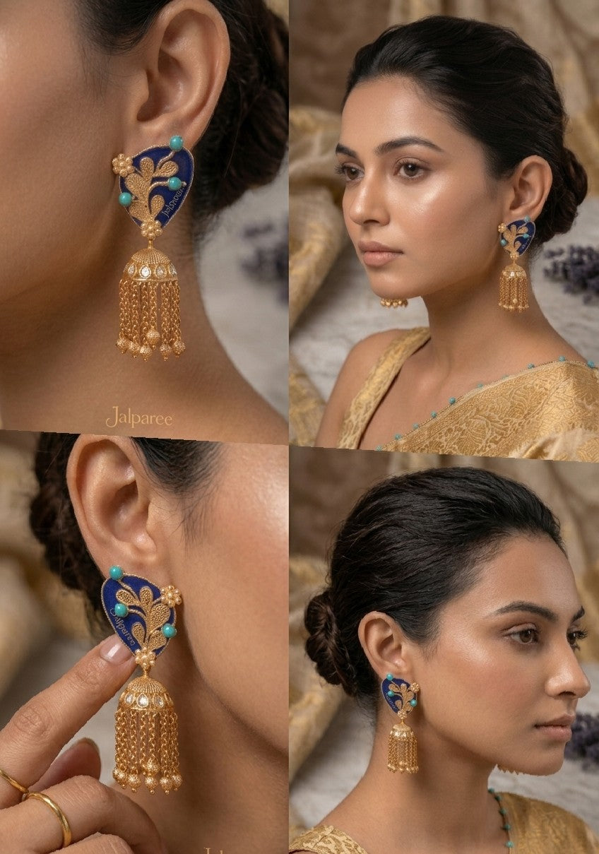 Jalparee Traditional Blue & Gold Jhumka Earrings - Temple Jewellery, Handcrafted Kundan