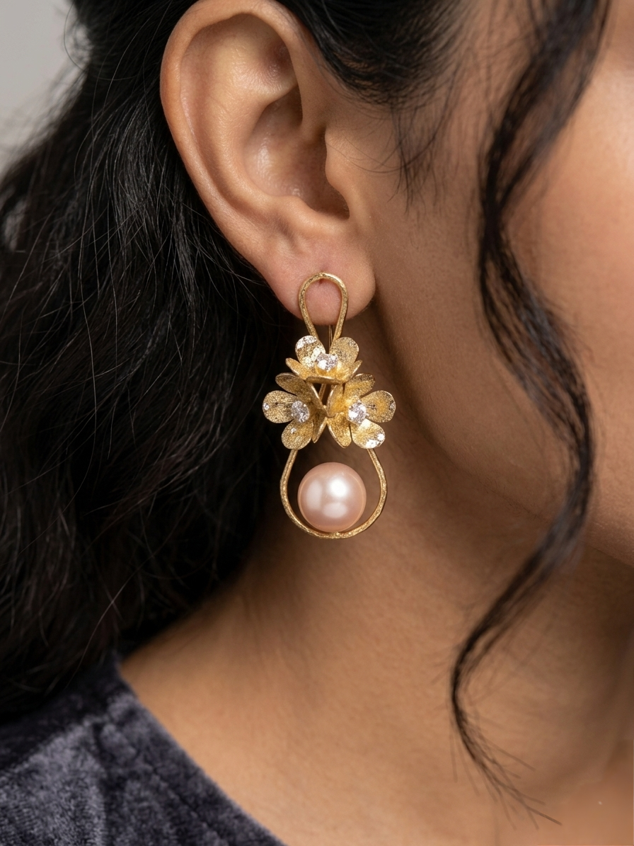 Golden Blossom & Pearl Drop Earrings