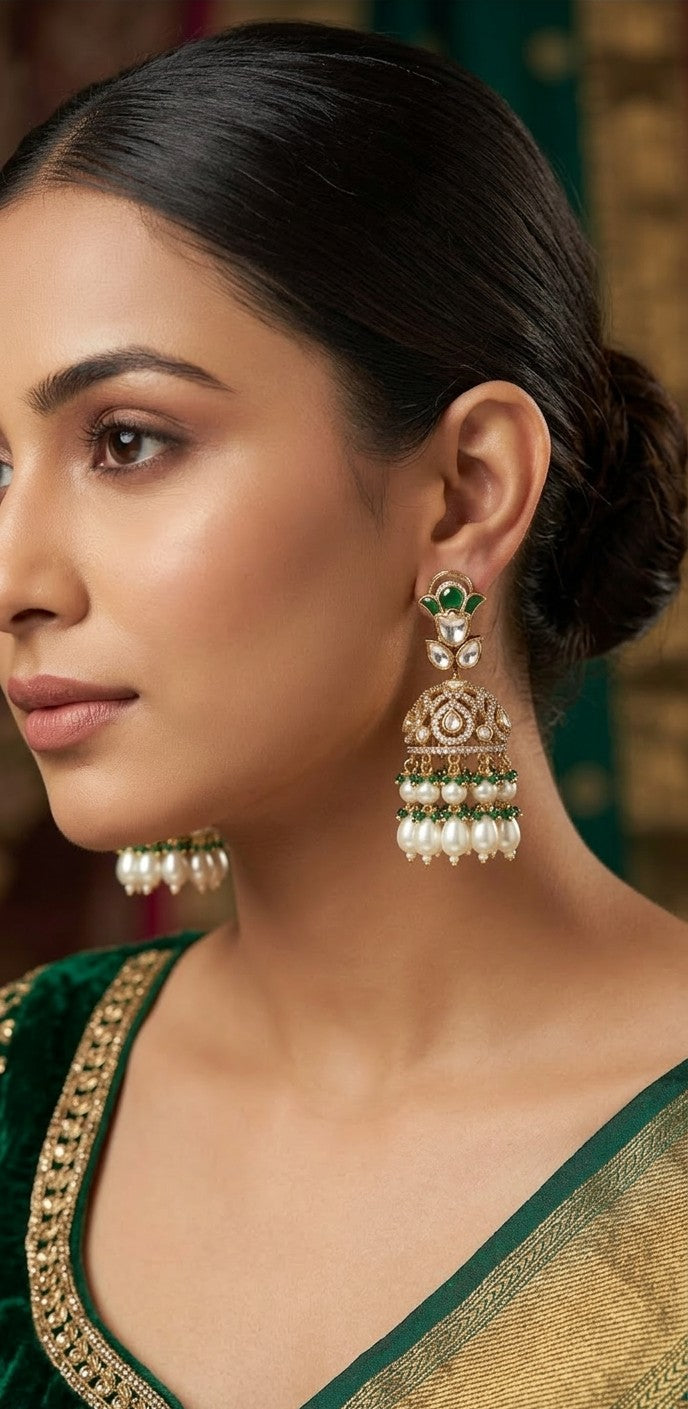 Traditional Gold-Plated Kundan Jhumka Earrings with Pearl Clusters and Emerald Beads - by Jalparee