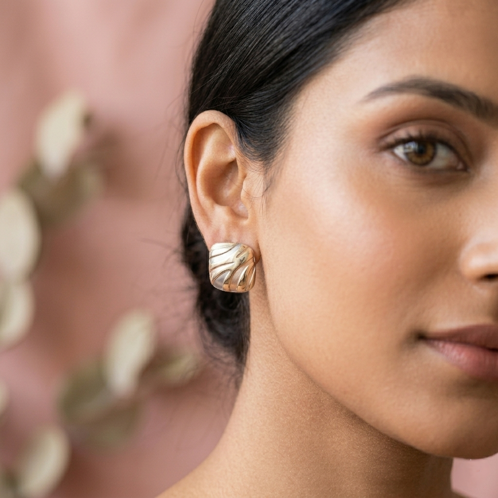 Aurora Pastel Textured Square Studs in Tri-Tone Gold & Silver by Jalparee