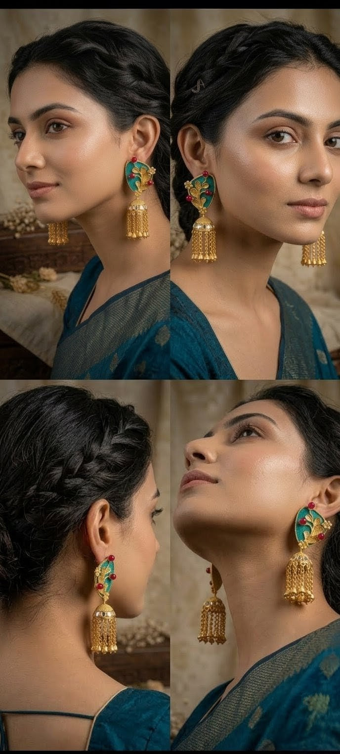 Jalparee Heritage Collection: Gold-Plated Turquoise & Ruby Kundan Jhumka Earrings with Bell Droplets