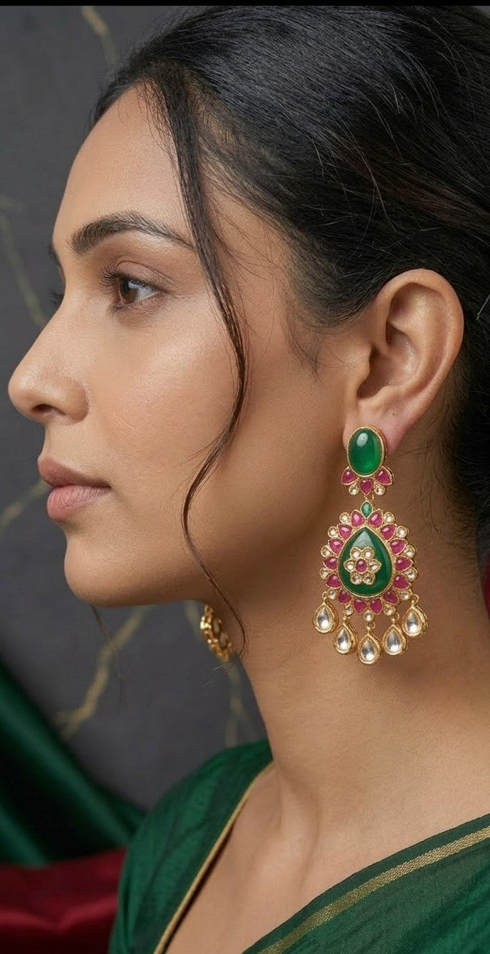 Jalparee Regal Emerald and Ruby Kundan Gold Meenakari-Style Dangle Earrings