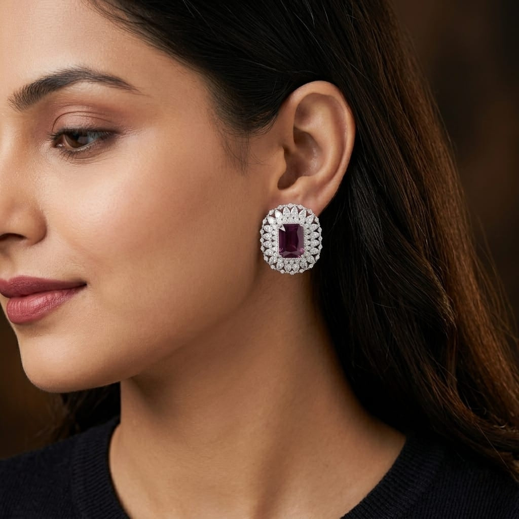 Royal Amethyst-Tone Radiant Halo Stud Earrings