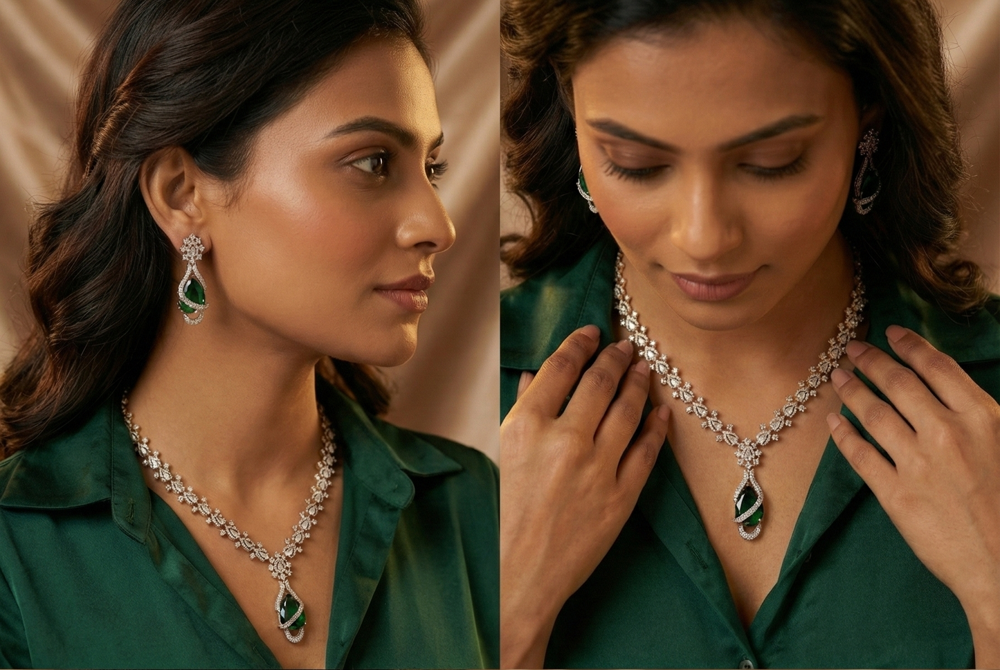 Dual-Tone Emerald Green AD Necklace Set