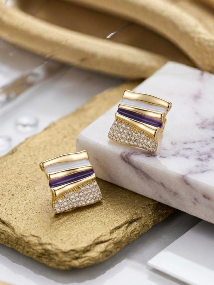 Jalparee Contemporary Geometric Gold-Plated Stud Earrings with Purple & White Enamel and American Diamond Accents