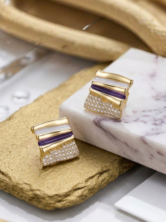 Jalparee Contemporary Geometric Gold-Plated Stud Earrings with Purple & White Enamel and American Diamond Accents