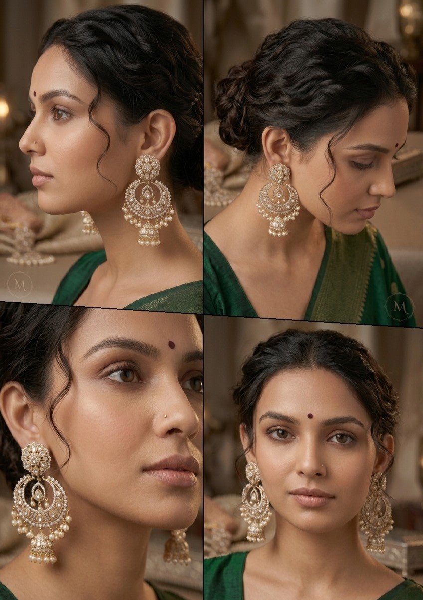 The Jalparee Heritage Collection: Exquisite Kundan and Pearl Chandbali Jhumka Earrings