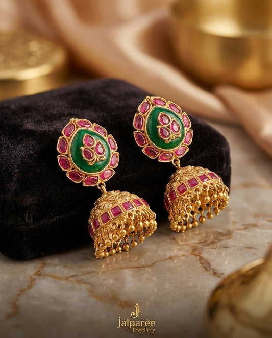 Jalparee 'Maharani' Ruby & Green Enamel Gold-Toned Jhumka Earrings