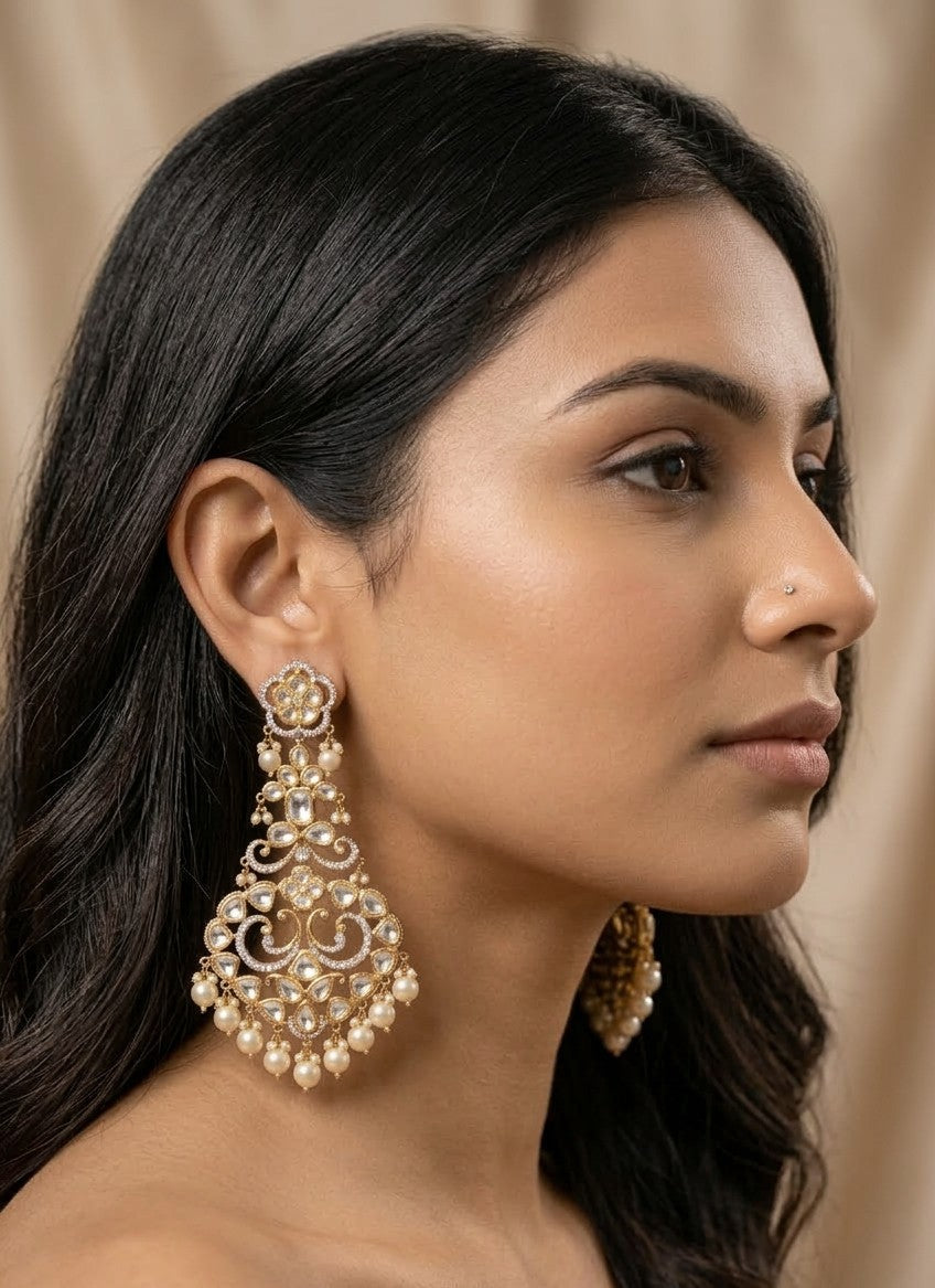 Jalparee Majestic Kundan and Pearl Chandelier Dangler Earrings