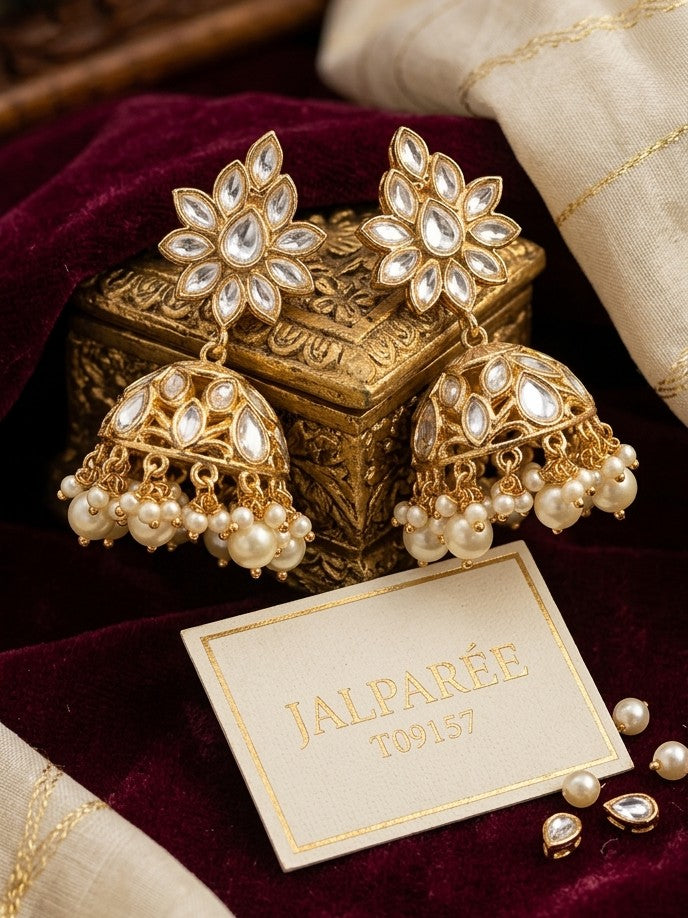 Jalparee Kundan & Pearl Heritage Floral Jhumka Earrings