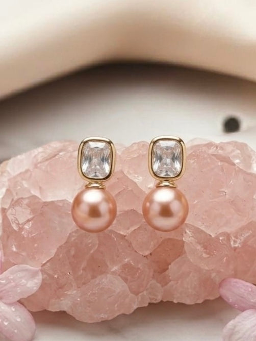 Jalparee Elegant Rose Pink Pearl & Cushion-Cut Crystal Drop Stud Earrings