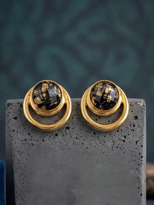 Jalparee Gold-Plated Celestial Orbit Stud Earrings with Black and Gold Speckled Resin