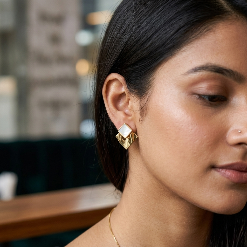 Jalparee Geometric Mother of Pearl Stud Earrings – Gold Plated Abstract Wave Statement Earrings for Women
