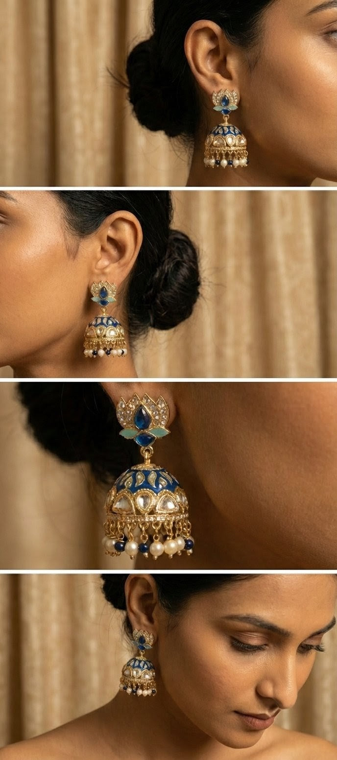 The Royal Blue Lotus & Kundan Jhumka Earrings by Jalparee
