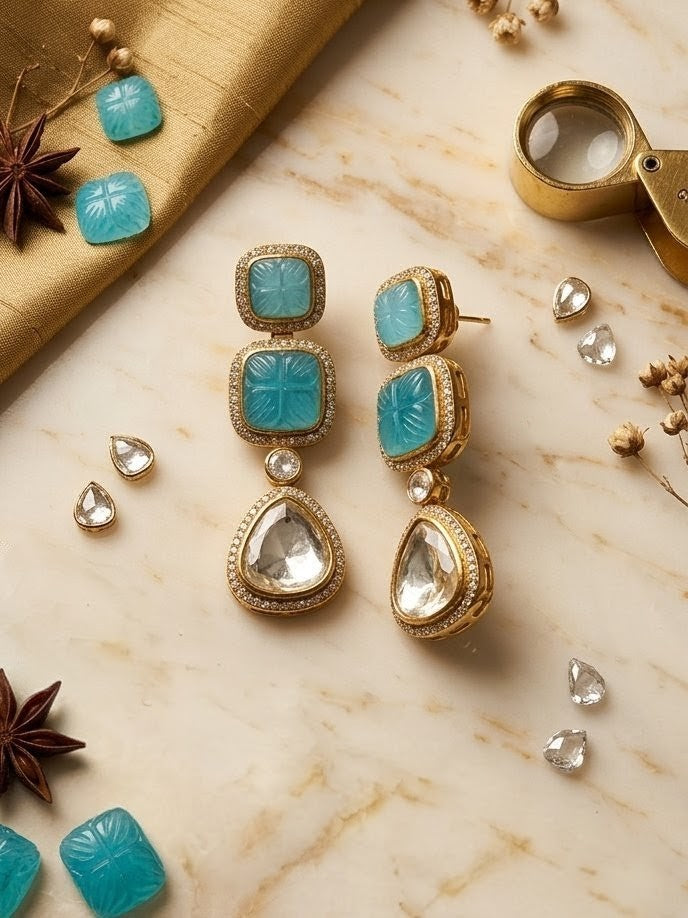 Jalparee Hand-Carved Turquoise & Kundan Teardrop Drop Earrings