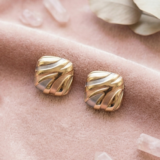 Aurora Pastel Textured Square Studs in Tri-Tone Gold & Silver by Jalparee