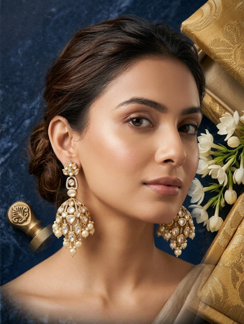 Zoya Royal Kundan & Pearl Jhumka Earrings with Floral Studs