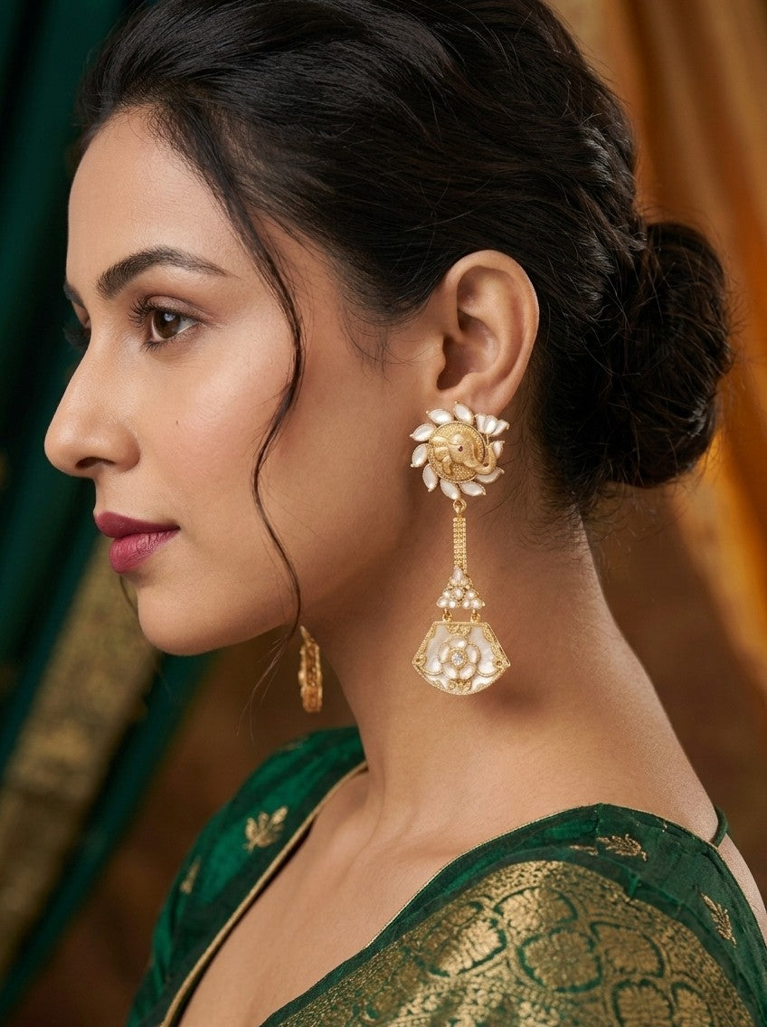 Ganesha Gold-Plated Kunda & Pearl Traditional Chandelier Earrings by Jalparee