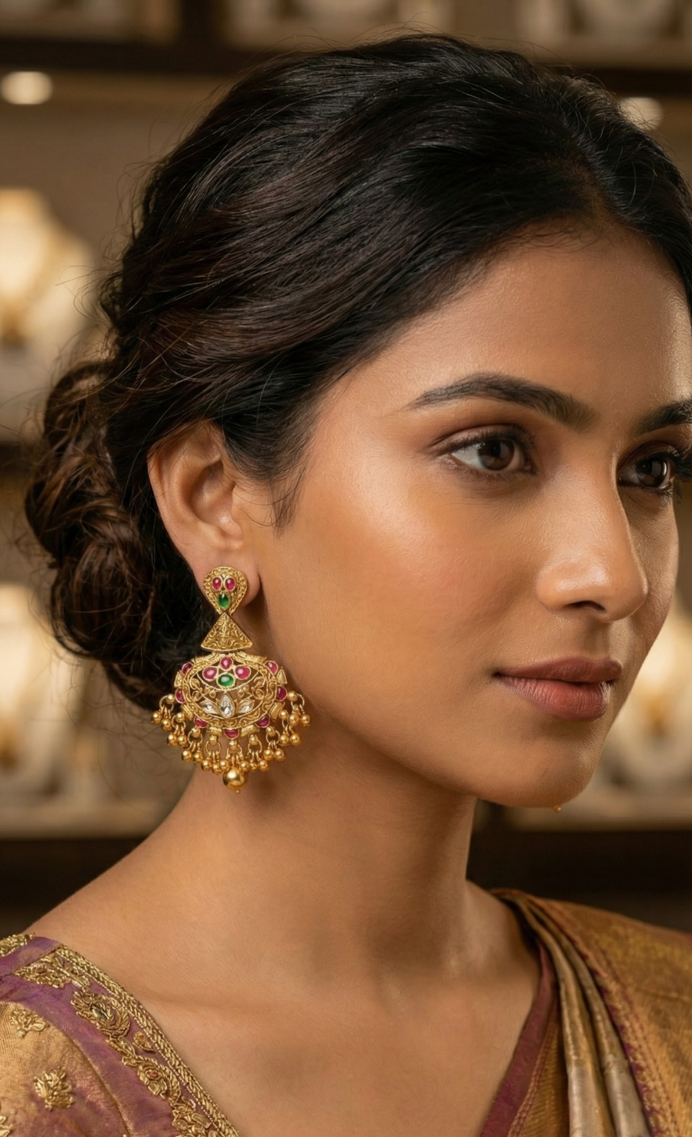Jalparee Meera Antique Gold-Plated Jhumkas with Ruby & Emerald Accents
