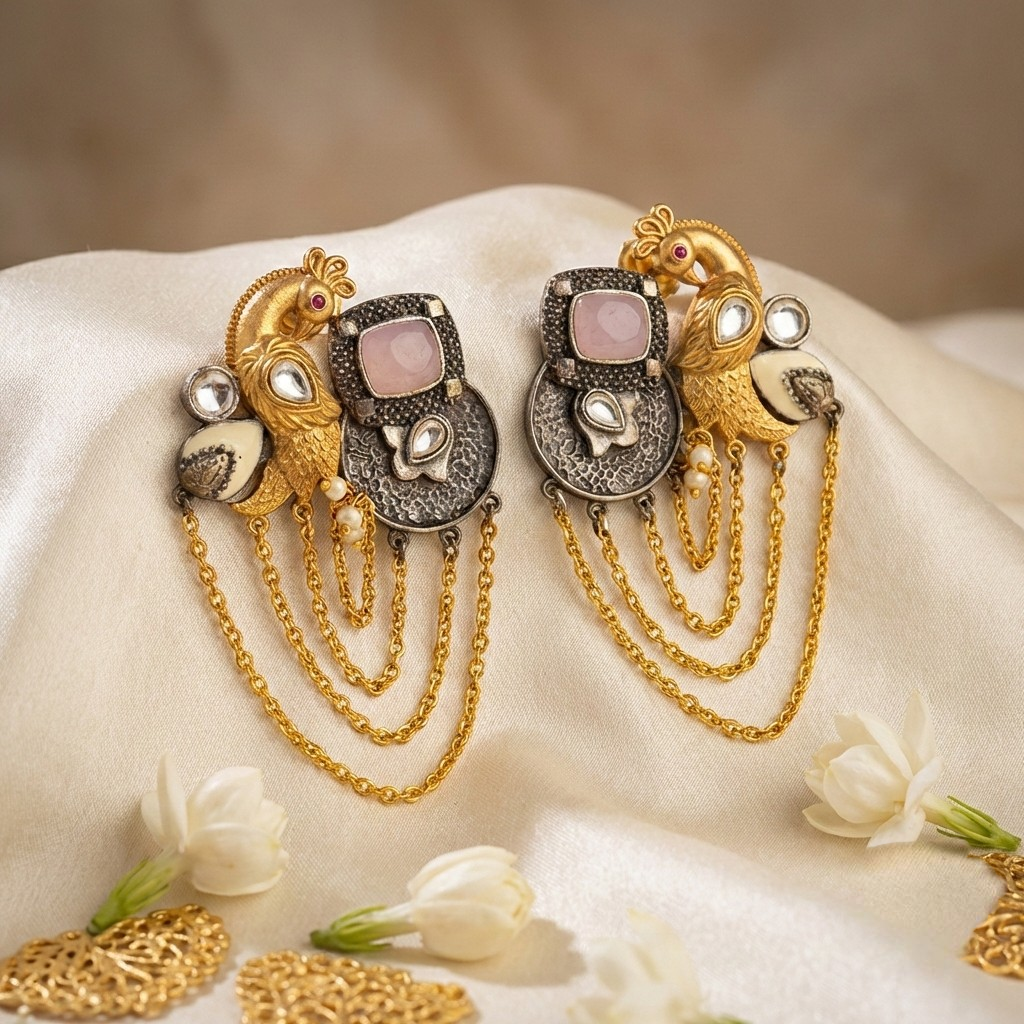 Jalparee 'Mayura' Antique Gold Peacock Earrings with Pink Stone & Layered Chains