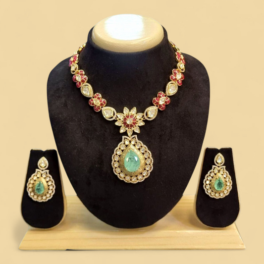 Traditional Ruby & Emerald Stone Studded Necklace Set with Earrings