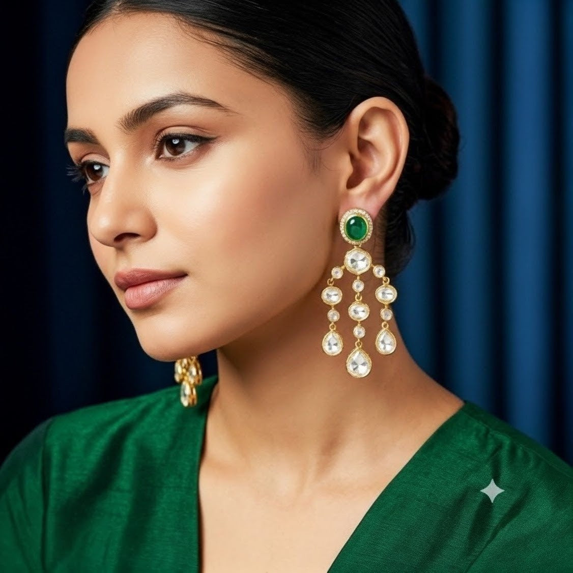 Jalparee Heritage Green Polki Dangle Earrings - Traditional Indian Wedding Jewelry