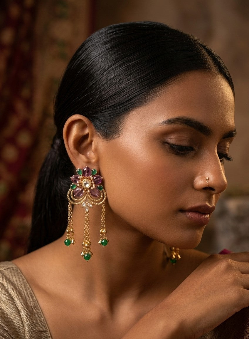 Jalparee Kundan Flower Chandbali Earrings with Purple & Emerald Drop Chains
