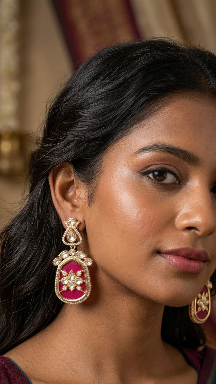 Jalparee Heritage Collection: Royal Fuchsia Enamel & Kundan Statement Dangling Earrings