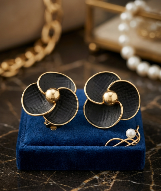 Midnight Bloom Textured Leather & Gold-Tone Statement Earrings