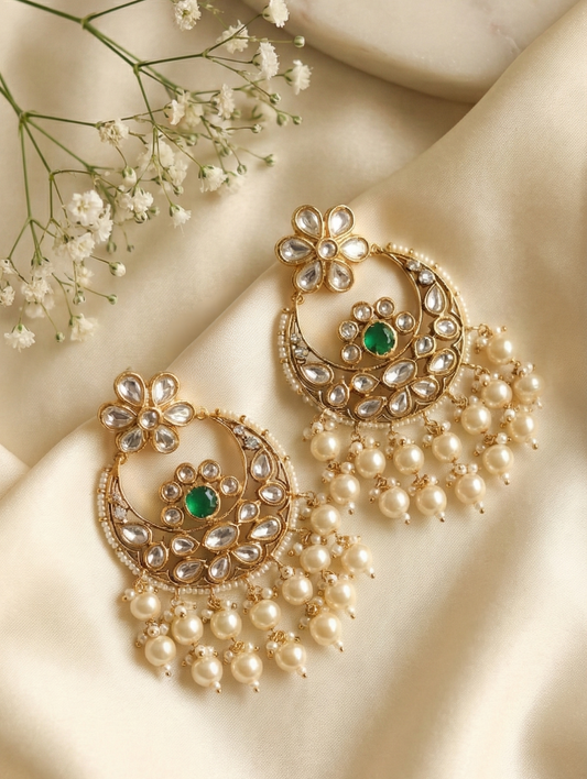 The Emerald Mehtab Chandbalis – Polki & Pearl Drop Statement Earrings